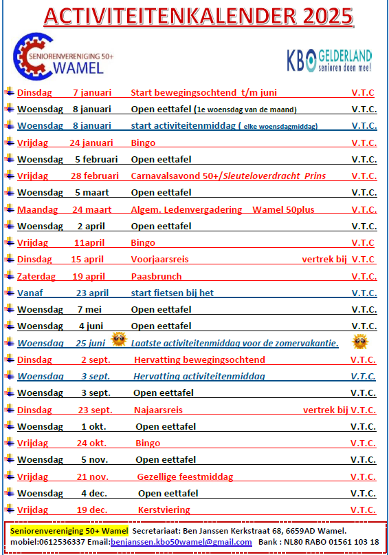 Activiteitenkalender Seniorenvereniging 50+